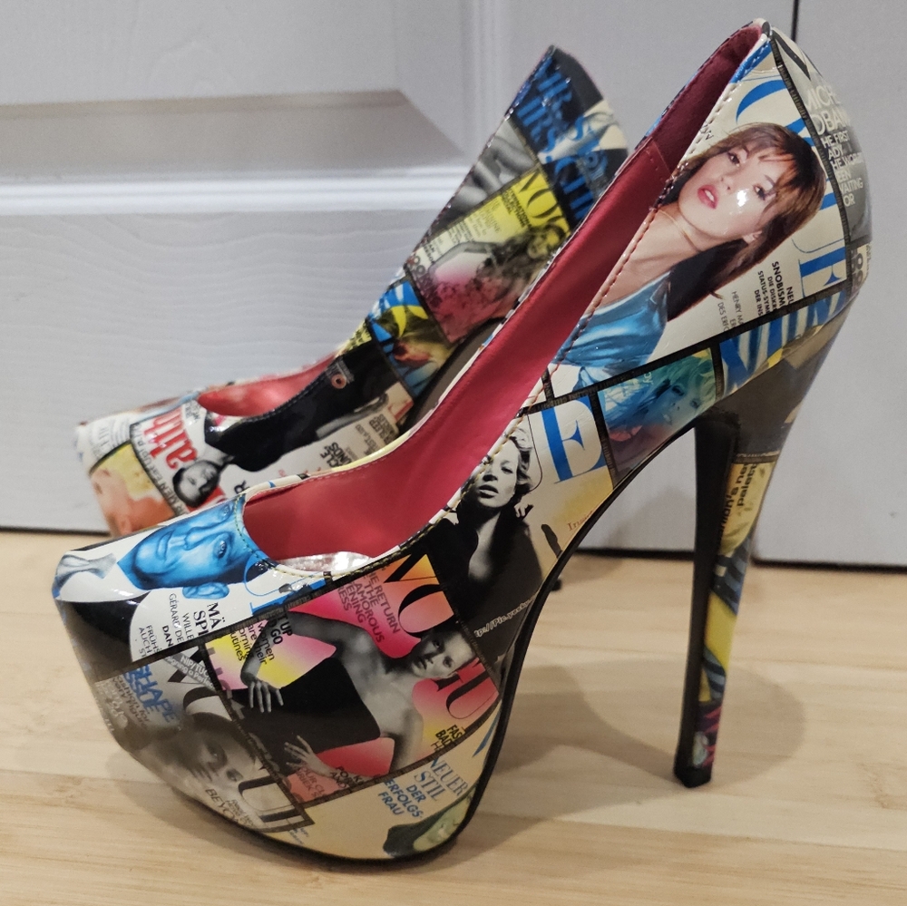 Unique Liliana Magazine Vogue Multi Color Print Platform High Heels Pumps Shoe 9 - Picture 2 of 11